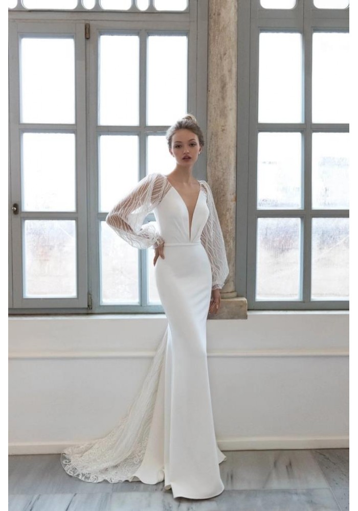 Fitted & Flare Plunge V Neckline with Sheer Sequin Lace Puffy Long Sleeves Wedding Dress - CB-08144PLD