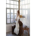 Fitted & Flare Plunge V Neckline with Sheer Sequin Lace Puffy Long Sleeves Wedding Dress - CB-08144PLD