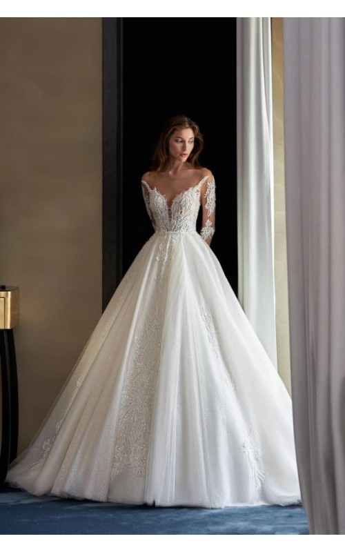 Ball Gown Plunge V Cut with Beaded Lace Tulle Long Sleeves Wedding Dress - CB-3173.00.17PLD