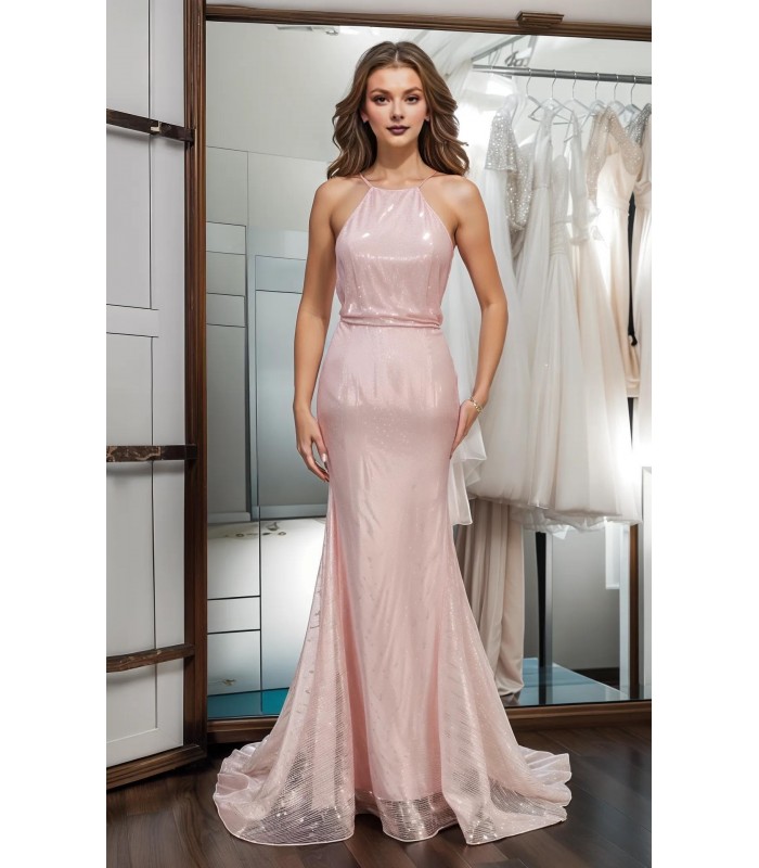 Sheath Halter Sleeveless Sequined Wedding Dress -  CB-EVS1001