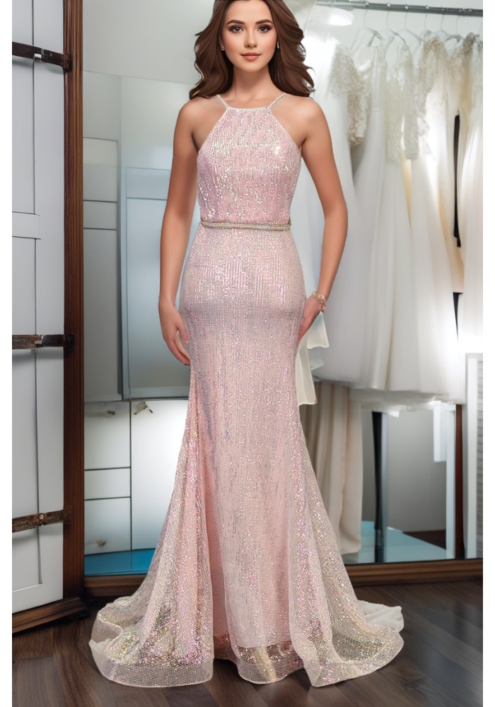 Sheath Halter Sleeveless Sequined Wedding Dress -  CB-EVS1001