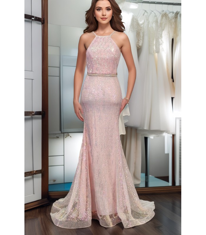 Sheath Halter Sleeveless Sequined Wedding Dress -  CB-EVS1001