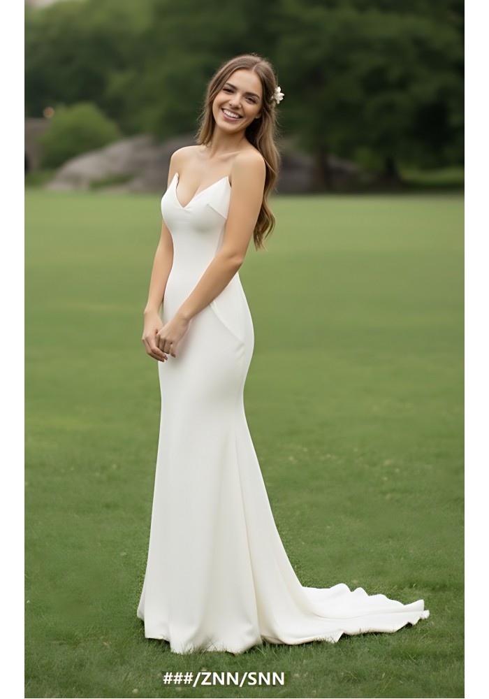 Crepe Fitted & Flare Wedding Dress with Spaghetti Straps Cross-back Tied up - CB-F2001
