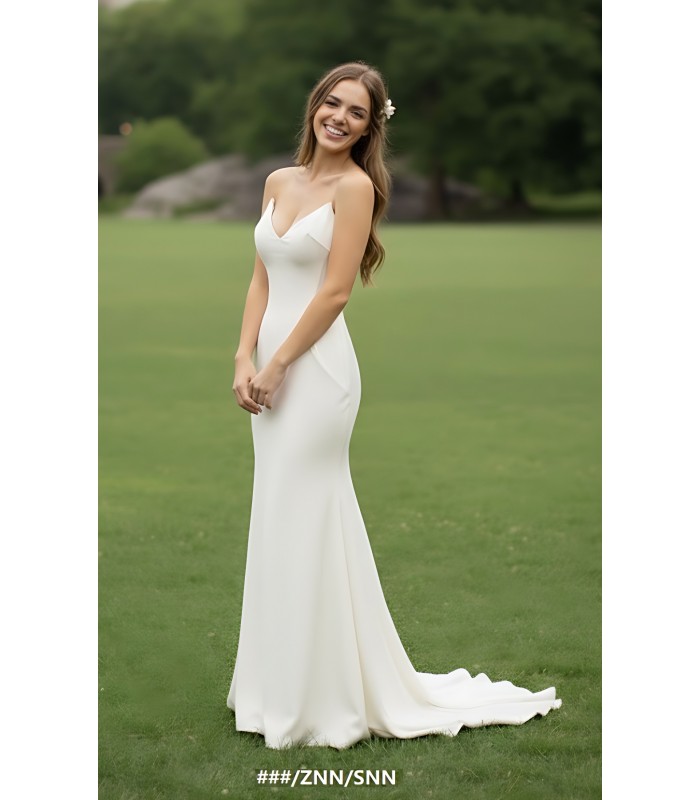 Crepe Fitted & Flare Wedding Dress with Spaghetti Straps Cross-back Tied up - CB-F2001