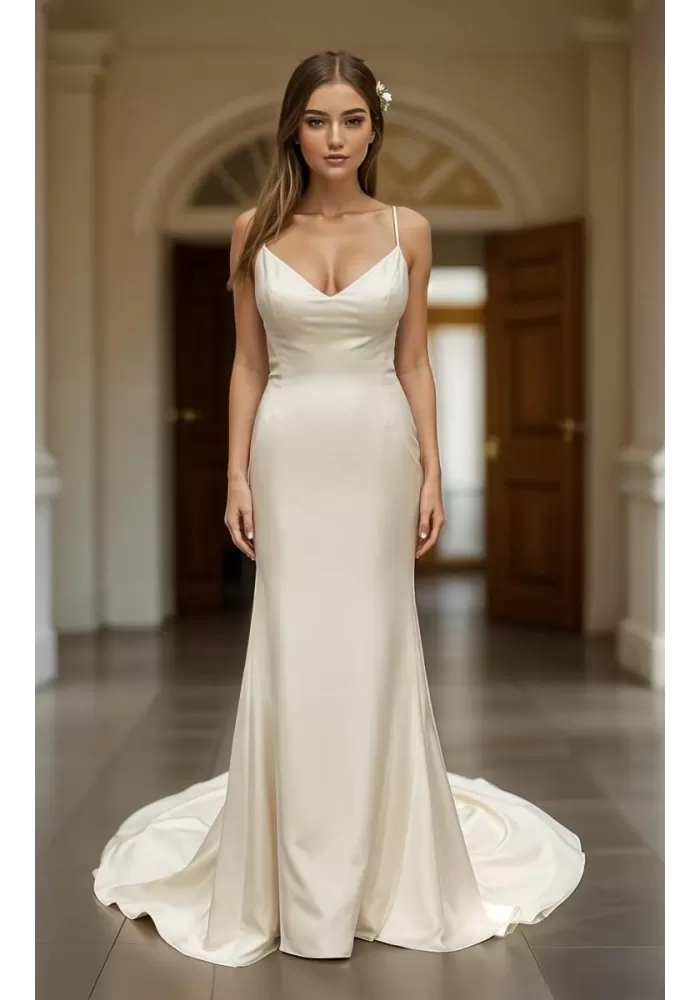 Crepe Fitted & Flare Wedding Dress with Spaghetti Straps Cross-back Tied up - CB-F2001