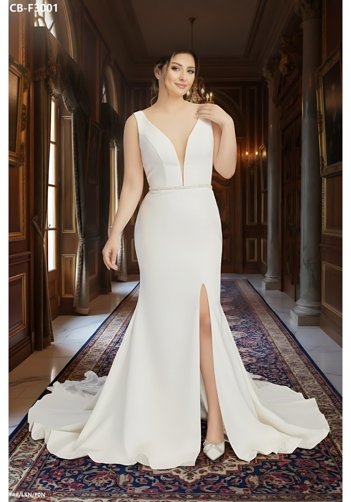 Fitted & Flare Plunge V Neck Tank Top Wedding Dress - CB-F3001
