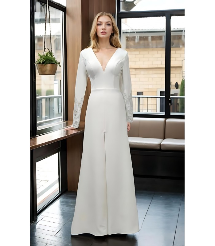 Fitted and Flare Crepe Long Sleeves  Wedding Dress - CB-F6001-A