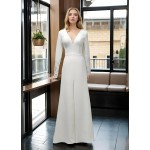 Fitted and Flare Crepe Long Sleeves  Wedding Dress - CB-F6001-A