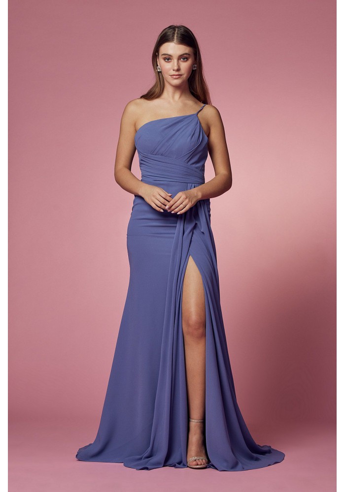 One Shoulder Dress With Open Slit In The Front And Zipper On The Back - Slate Blue - CH-NAE1005SB