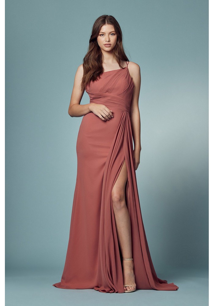 One Shoulder Dress With Open Slit In The Front And Zipper On The Back - Rust Rose - CH-NAE1005RR