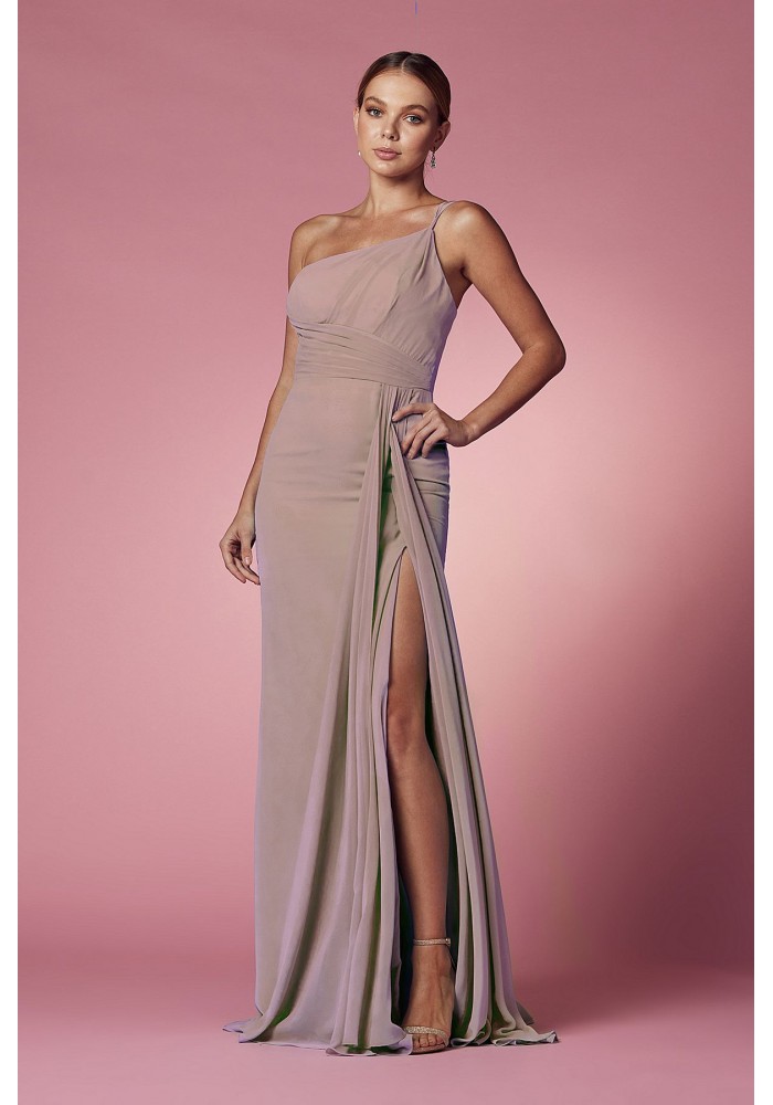 One Shoulder Dress With Open Slit In The Front And Zipper On The Back - Taupe - CH-NAE1005TP