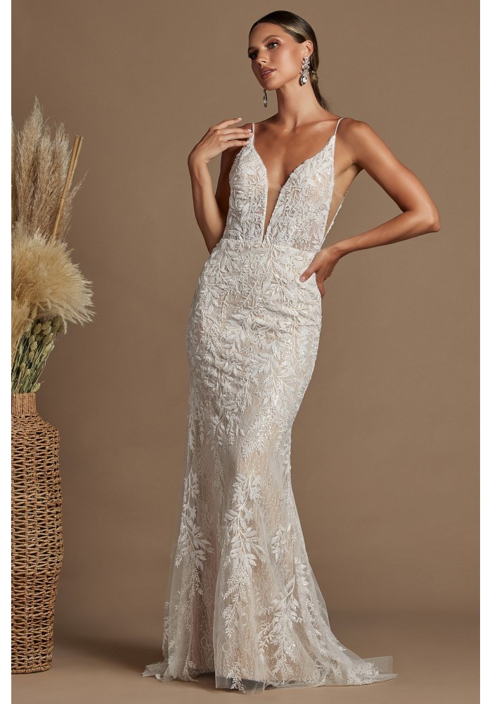 Floor Length Gown With Plunge Neckline With Beading Detail On Top Of Leaf Lace Fabric - CH-NAJE915