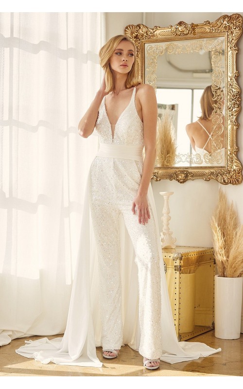 Plunging Neckline With Beading Details In Jumpsuit With A Cape From Waist - CH-NAJE926