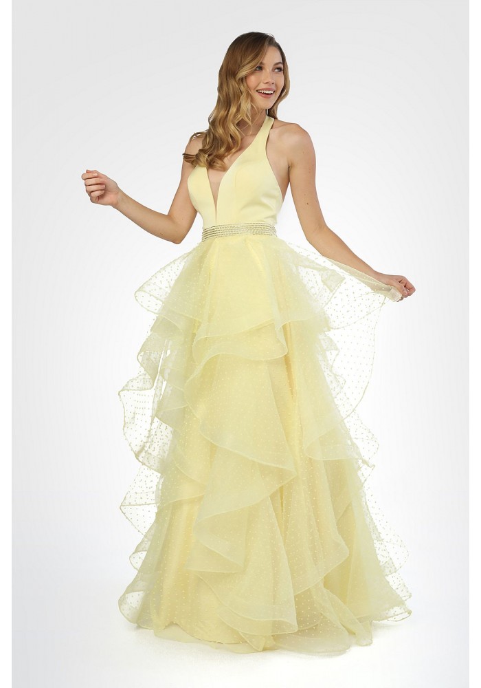 Dotted Tiered Dress with A V-neck Bodice - Lemon - CH-NAT256