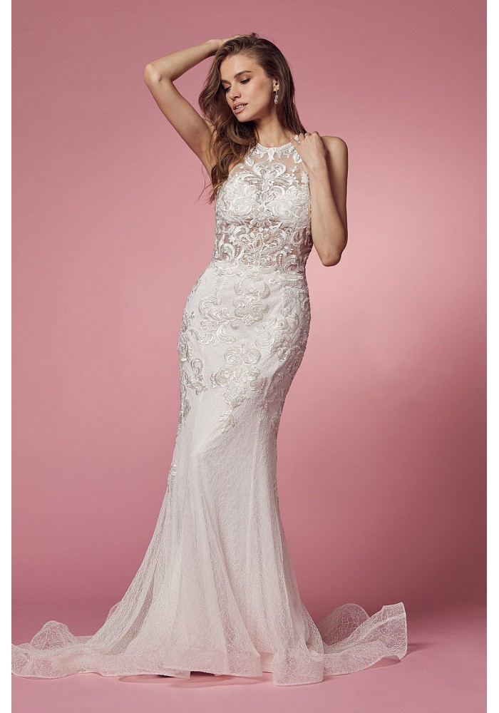 Floor Length Dress With Halter Neckline With Flower Lace Detail And Zipper Back - CH-NAW901P