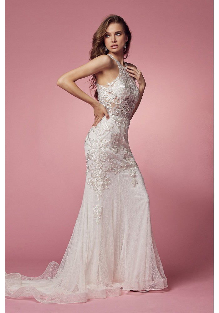 Floor Length Dress With Halter Neckline With Flower Lace Detail And Zipper Back - CH-NAW901