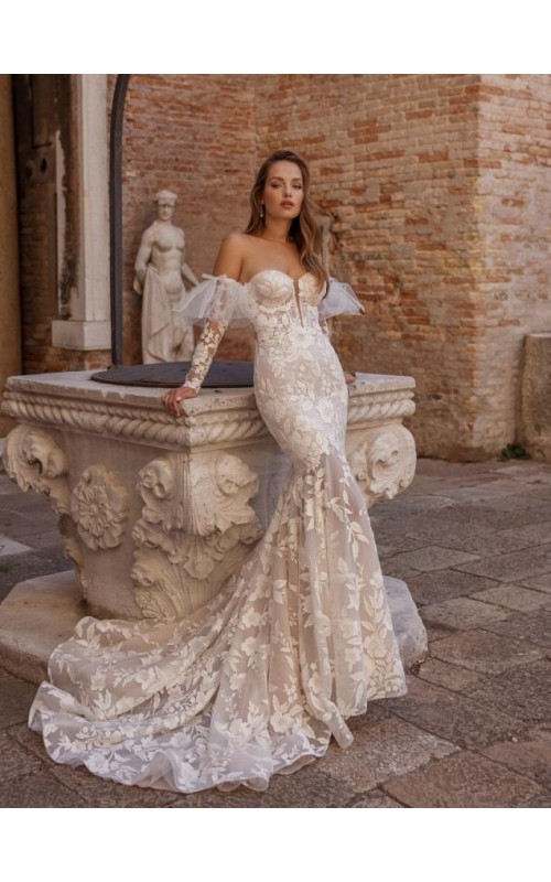 Mermaid Beaded and Sequined Sweetheart w/ Detachable Sleeve Wedding Dress - LRS-23-016
