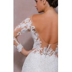 Fitted N Flare - Plunge V Sequined Floral Lace Appliqued Tulle with Off-Shoulder Lacy Sleeves wedding Dress - LV-100B85S