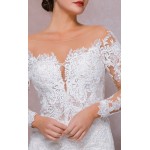 Fitted N Flare - Plunge V Sequined Floral Lace Appliqued Tulle with Off-Shoulder Lacy Sleeves wedding Dress - LV-100B85S