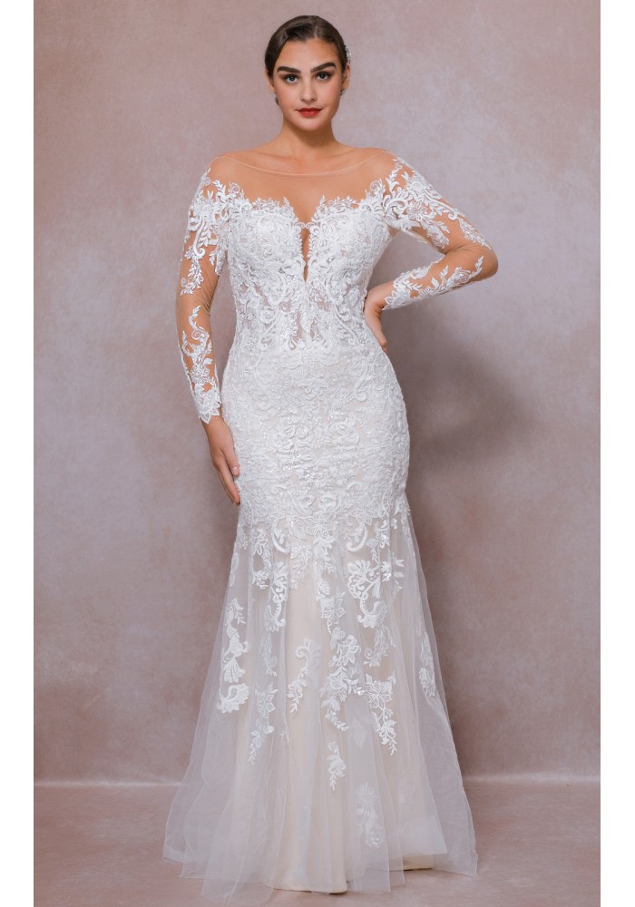 Fitted N Flare - Plunge V Sequined Floral Lace Appliqued Tulle with Off-Shoulder Lacy Sleeves wedding Dress - LV-100B85S