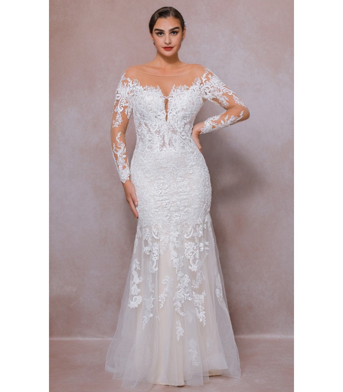 Fitted N Flare - Plunge V Sequined Floral Lace Appliqued Tulle with Off-Shoulder Lacy Sleeves wedding Dress - LV-100B85S