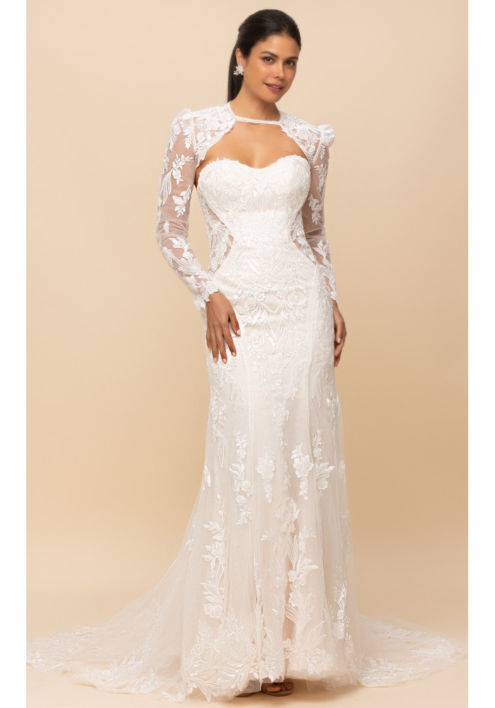 Fitted N Flare - Sequined Floral Lace Appliqued Tulle Cut-Out Waistline with Detachable Bolero Wedding Dress LV-100C01S