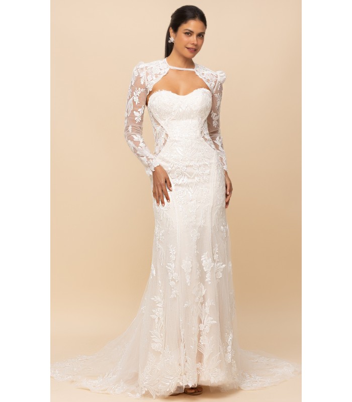 Fitted N Flare - Sequined Floral Lace Appliqued Tulle Cut-Out Waistline with Detachable Bolero Wedding Dress LV-100C01S