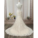 Mermaid -Plunge V Heavy Beaded Floral Lace Tulle with Beaded Spaghetti Straps Wedding Dress- LV-1782OL