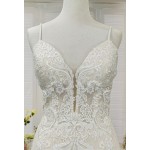 Mermaid -Plunge V Heavy Beaded Floral Lace Tulle with Beaded Spaghetti Straps Wedding Dress- LV-1782OL