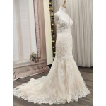 Mermaid -Plunge V Heavy Beaded Floral Lace Tulle with Beaded Spaghetti Straps Wedding Dress- LV-1782OL