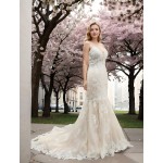 Mermaid -Plunge V Heavy Beaded Floral Lace Tulle with Beaded Spaghetti Straps Wedding Dress- LV-1782OL