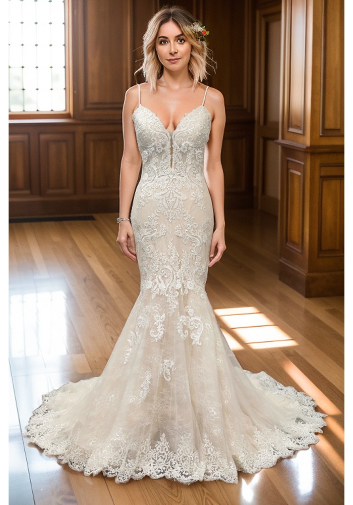 Mermaid -Plunge V Heavy Beaded Floral Lace Tulle with Beaded Spaghetti Straps Wedding Dress- LV-1782OL