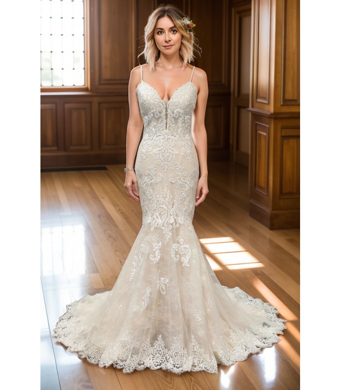 Mermaid -Plunge V Heavy Beaded Floral Lace Tulle with Beaded Spaghetti Straps Wedding Dress- LV-1782OL