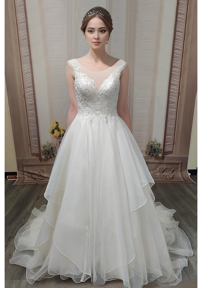 Ball Gown V-neck with Delicate Lace Appliqué Straps Wedding Dress -  LV-1798OM