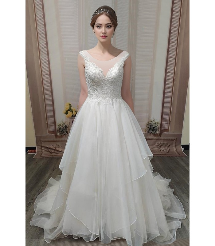 Ball Gown V-neck with Delicate Lace Appliqué Straps Wedding Dress -  LV-1798OM