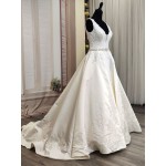 Ball Gown -Sequined Lace Placement with Rhinestone Belt wedding Dress LV-1814OL