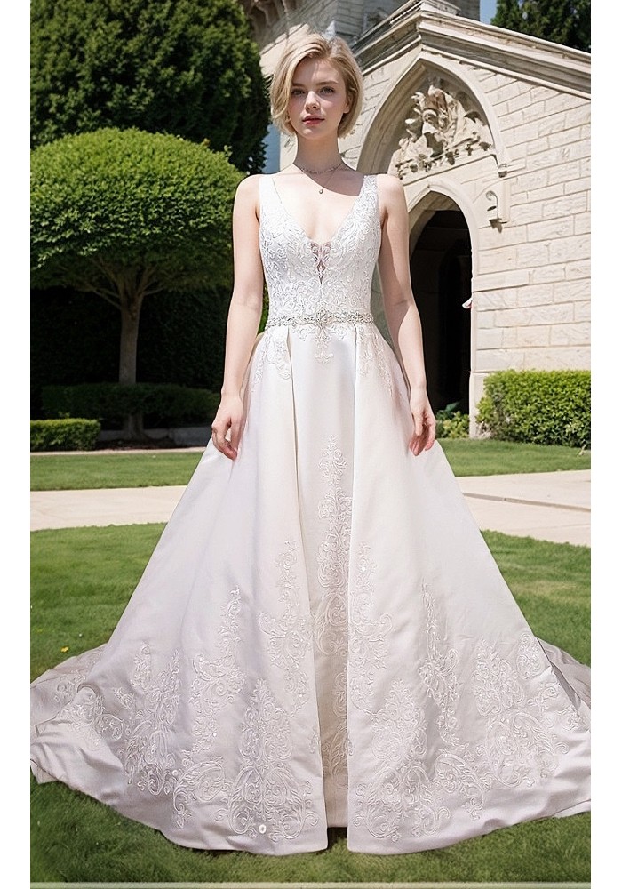 Ball Gown -Sequined Lace Placement with Rhinestone Belt wedding Dress LV-1814OL