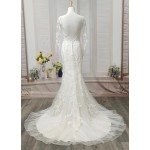 Fitted & Flare - Plunge V Sequined Lace Appliqued Tulle with Sheer Lacy Long Sleeves Wedding Dress - LV-1851OL