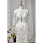 Fitted & Flare - Plunge V Sequined Lace Appliqued Tulle with Sheer Lacy Long Sleeves Wedding Dress - LV-1851OL