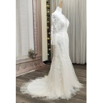 Fitted & Flare - Plunge V Sequined Lace Appliqued Tulle with Sheer Lacy Long Sleeves Wedding Dress - LV-1851OL