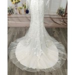 Fitted & Flare - Plunge V Sequined Lace Appliqued Tulle with Sheer Lacy Long Sleeves Wedding Dress - LV-1851OL