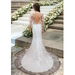 Fitted & Flare - Plunge V Sequined Lace Appliqued Tulle with Sheer Lacy Long Sleeves Wedding Dress - LV-1851OL