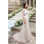 Fitted & Flare - Plunge V Sequined Lace Appliqued Tulle with Sheer Lacy Long Sleeves Wedding Dress - LV-1851OL