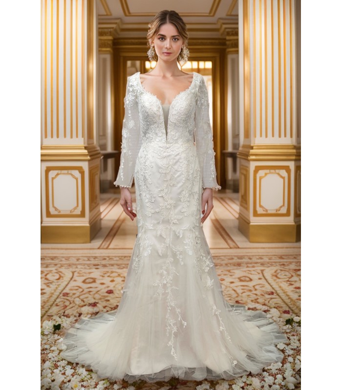 Fitted & Flare - Plunge V Sequined Lace Appliqued Tulle with Sheer Lacy Long Sleeves Wedding Dress - LV-1851OL