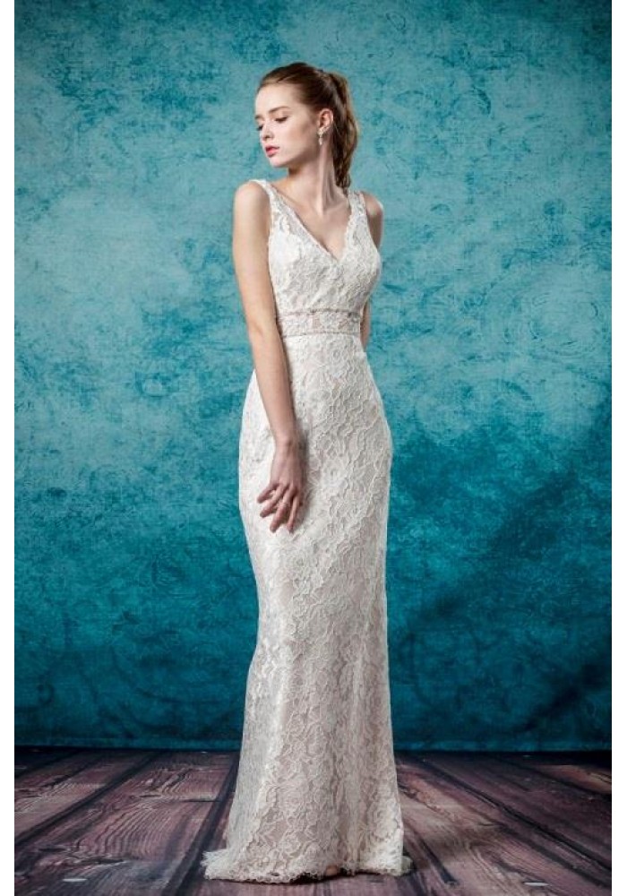 Sheath V shape Neckline Sleeveless Wedding Dress - LV-3214OM