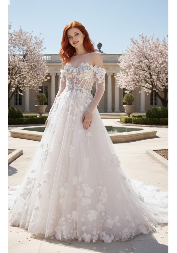 A-Line  3-D Flower Lace Wedding Dress with Bustier Bodice- LV-A1004DS