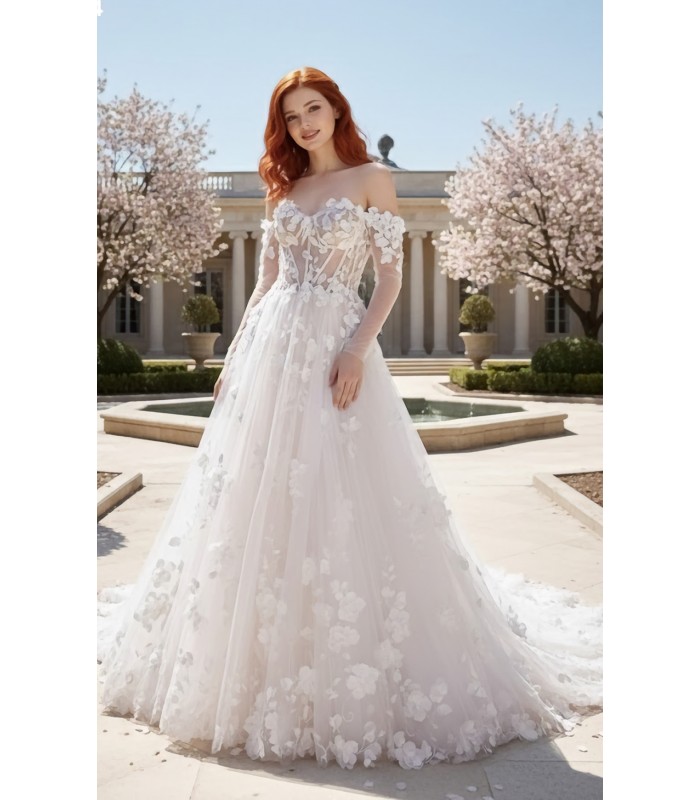 A-Line  3-D Flower Lace Wedding Dress with Bustier Bodice- LV-A1004DS