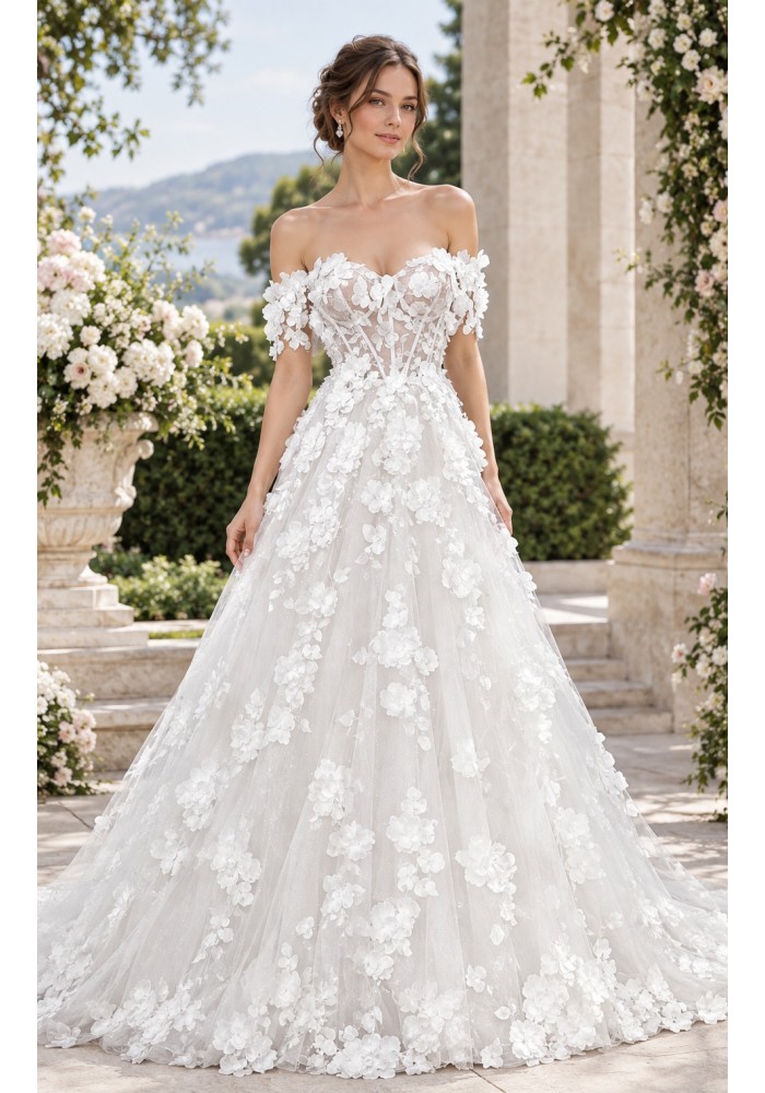 A-Line  3-D Flower Lace Wedding Dress with Bustier Bodice- LV-A1004DS