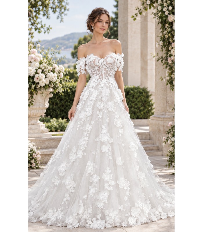 A-Line  3-D Flower Lace Wedding Dress with Bustier Bodice- LV-A1004DS