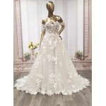 A-Line  3-D Flower Lace Wedding Dress with Bustier Bodice- LV-A1004DS